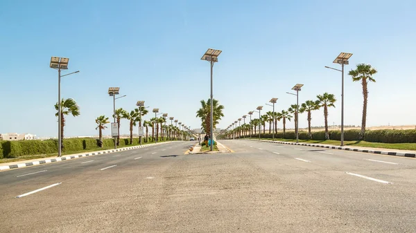 这条路是一辆带有路灯和棕榈树标记的汽车 横向照片 — 图库照片