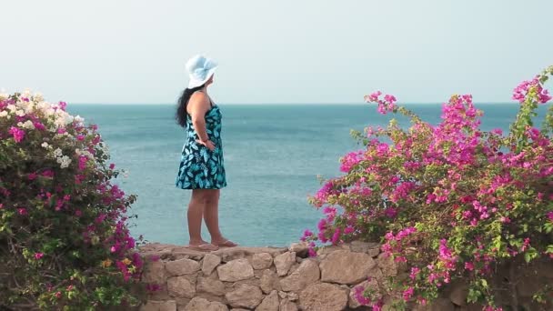 Een brunette vrouw in een sundress en hoed staat op een stenen muur en kijkt naar de zee — Stockvideo