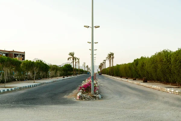 沙漠中央的一条公路和有电线杆的旅馆. — 图库照片
