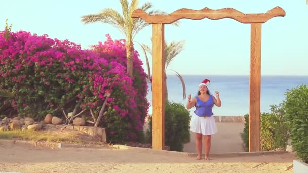 Una mujer morena en un sombrero de Santa Claus en un mirador entre las palmeras admira el mar — Vídeos de Stock