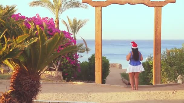 Brunette nainen Santa hattu seisoo verannalla keskuudessa palmuja ja ihailee merta — kuvapankkivideo