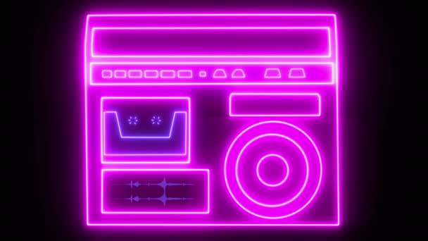 Cassette cassette recorder met luidspreker reproducerende geluid cassettes spinnen computer graphics neon — Stockvideo