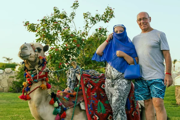 Family Couple Tourists Next Decorated Camel Woman Closed Oriental Face — Stock Photo, Image