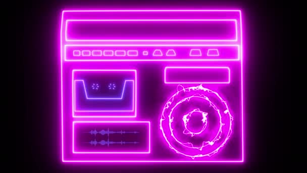 Cassette tape recorder with speaker spinning cassettes from the speaker sound computer graphics neon — Stock Video