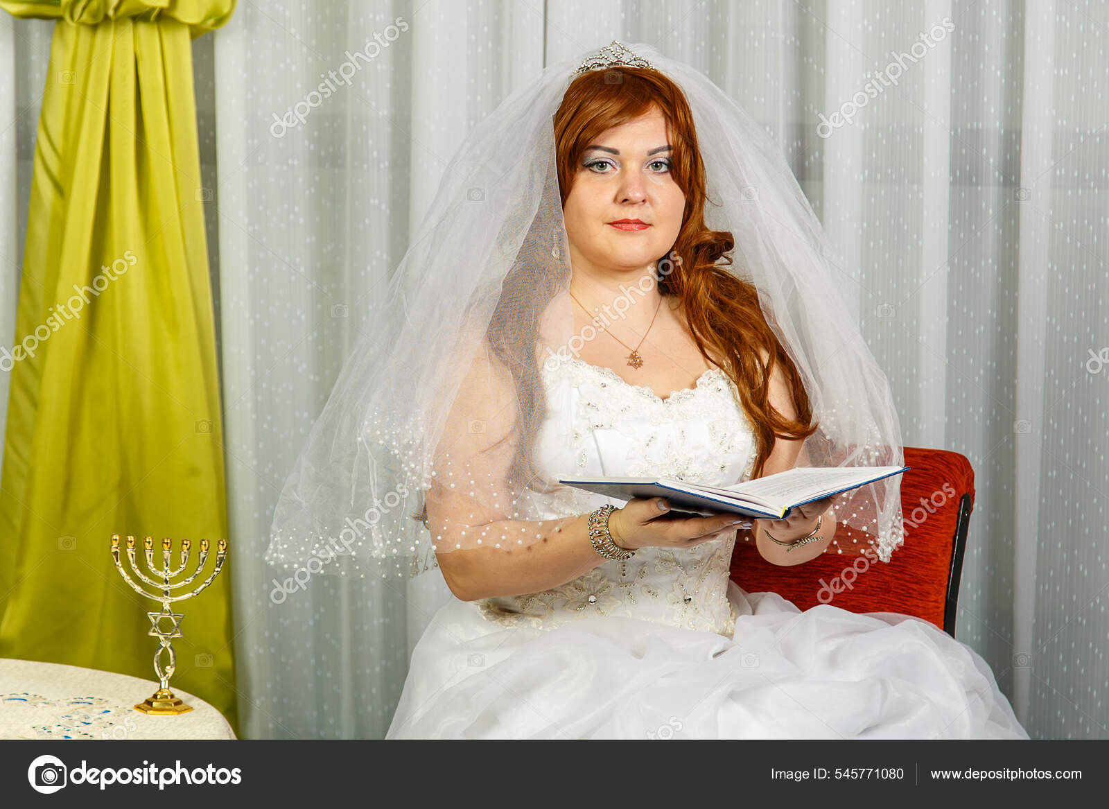 Happy Jewish Bride Sits Table Hupa Ceremony Wedding Dress Veil Stock