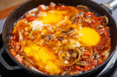 Shakshuka, gri arka planda kızartma tavasında otlarla. Yakın plan..