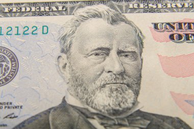 Başkanın yüzleştiği elli banknotun parçaları düz bir yüzey üzerinde, çok yakın plan..