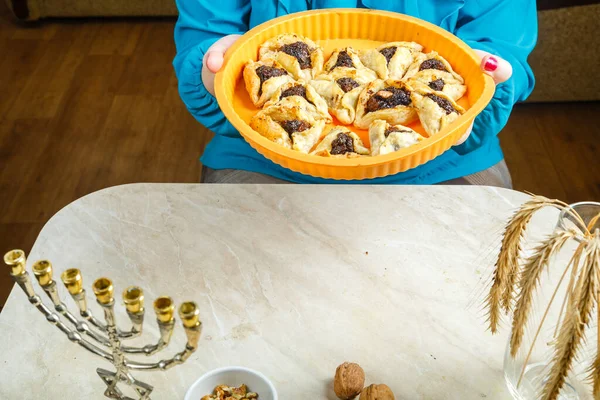 Gomentashi Cookies Traditional Jewish Holiday Purim Tray Female Hands Horizontal — Stock Photo, Image