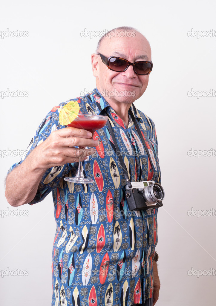 Funny Older Tourist with Tropical Drink