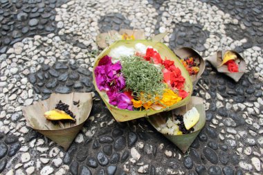 Denpasar 'daki Jagatnatha Tapınağı' nda Kanang Sari denilen günlük bale adakları..