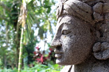 Ubud 'da Bali tarzı heykellere ve adaklara yakın çekim.