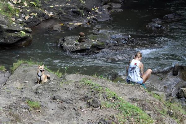 Estrangeiros Cão Meditar Volta Rio Gunung Lebah Perto Campuhan Ubud — Fotografia de Stock