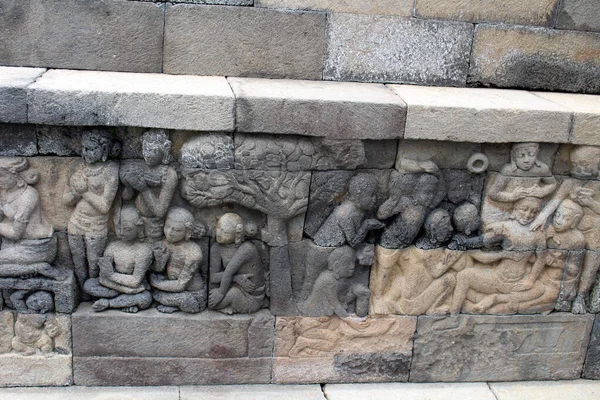 Escultura Alívio Parede Templo Borobudur Contando Histórias Budistas — Fotografia de Stock