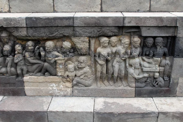 Carving Relief Borobudur Temple Wall Telling Buddhist Stories — Fotografia de Stock