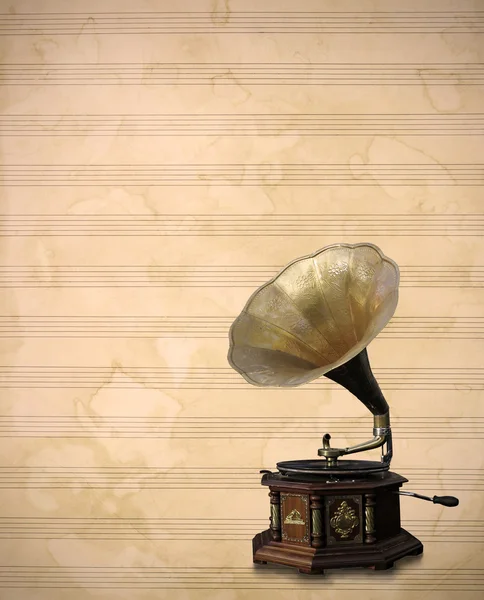 Velho fonógrafo de bronze, folha de música antiga vintage — Fotografia de Stock