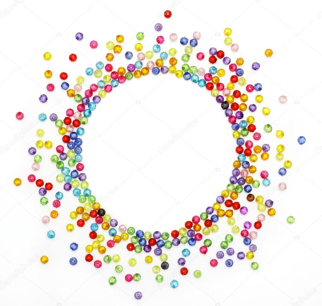Colorful beads, circle shape space for photo or text isolated on