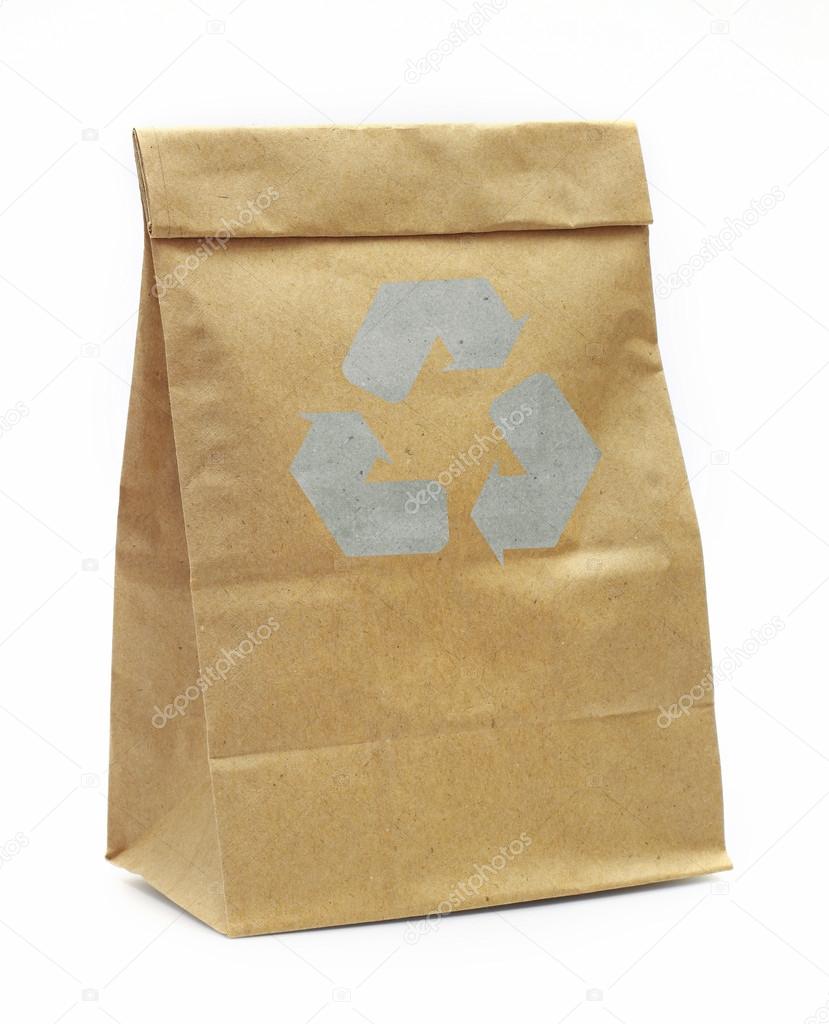 Brown paper bag with recycle sign isolated over white background
