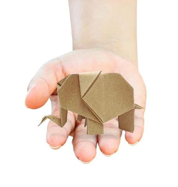 Mão curar um origami elefantes reciclar papel — Fotografia de Stock