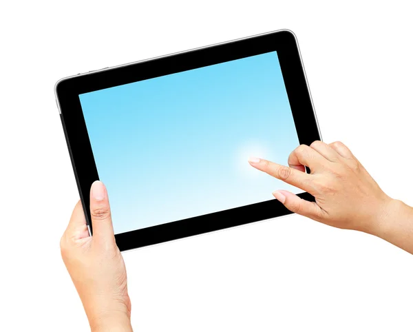 Hand halten und Finger zeigen Touchscreen-Tablet-Computer w — Stockfoto