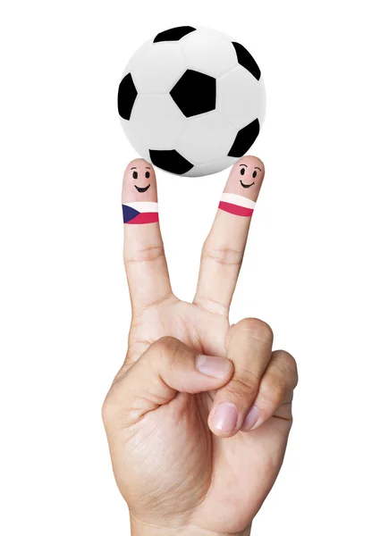 Victoria de la mano con el concepto de pelota de fútbol czechrepublic VS Polonia —  Fotos de Stock