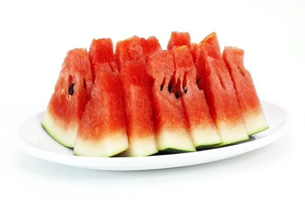 Raw fresh watermelon pieces on white plate — Stock Photo, Image