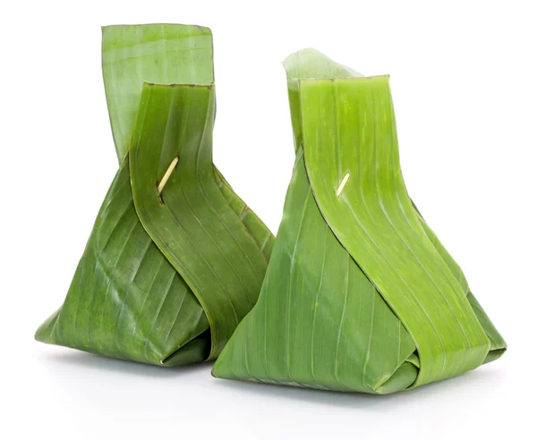 Thai dessert, Sticky rice with steamed custard, wrapped in banan — Stock Photo, Image