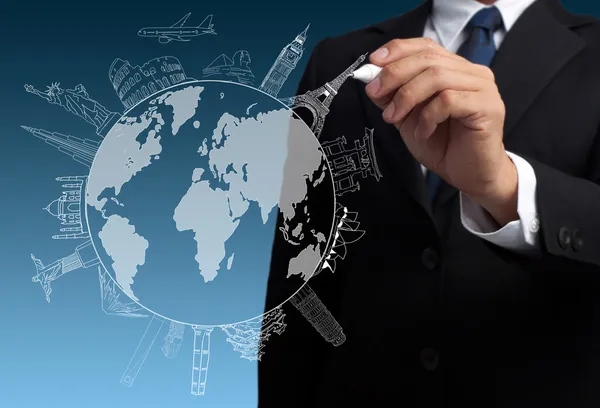 Businessman drawing the concept travel around the world — Stock Photo, Image