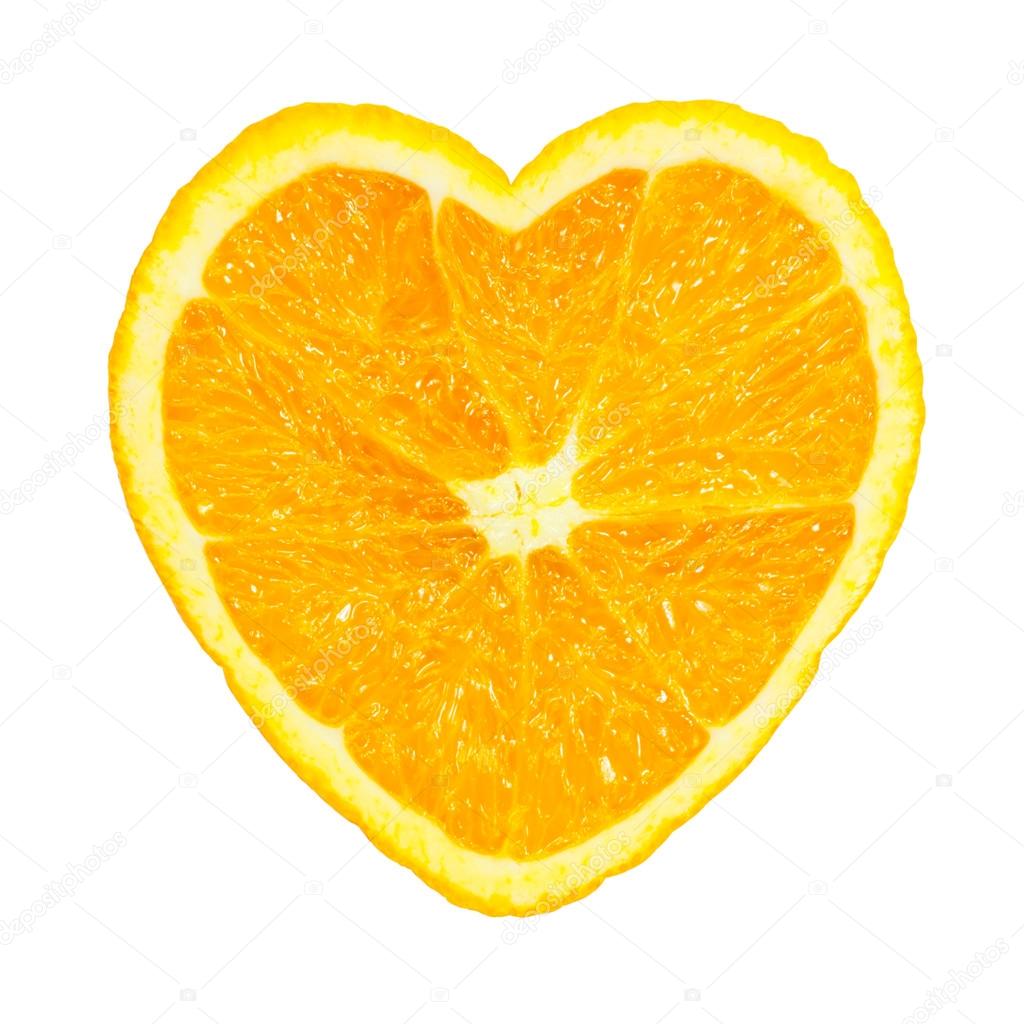 Slice of fresh orange heart shaped isolated on white background
