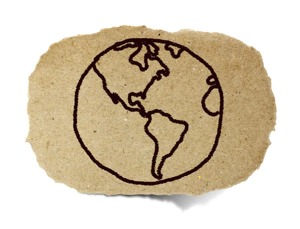 Drawing of the earth, world out line illustration on recycle pap — Stock Photo, Image