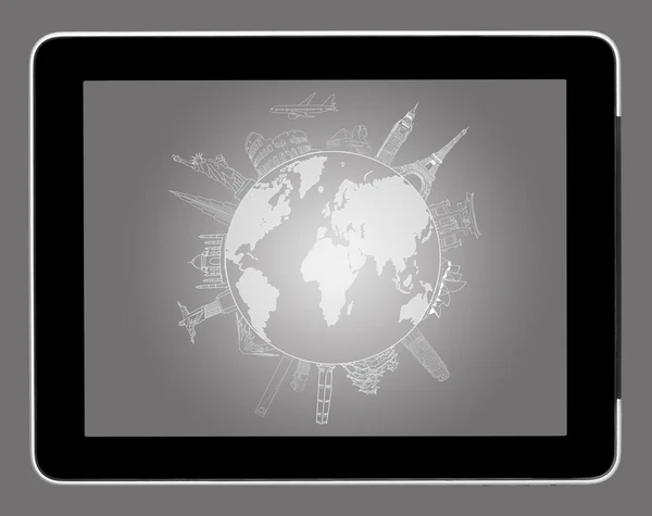 Rysunek podróż dookoła świata na komputerze typu tablet — Zdjęcie stockowe