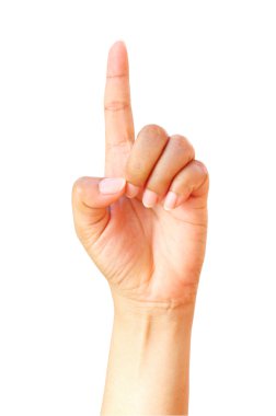 kadın el işaret üstünde izole beyaz arka plan