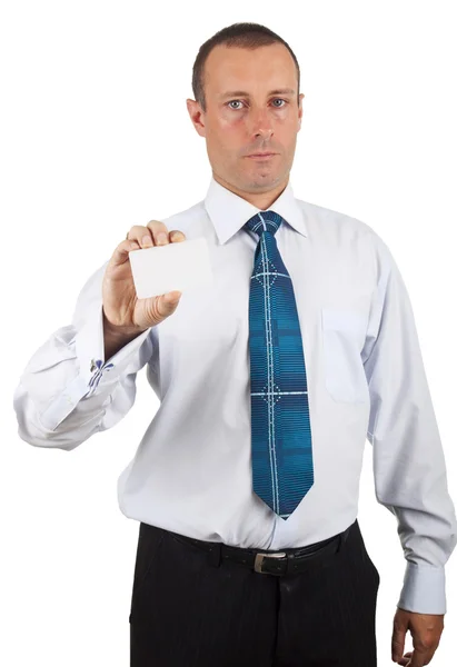Portret van zakenman toont blanco visitekaartje, geïsoleerd op — Stockfoto