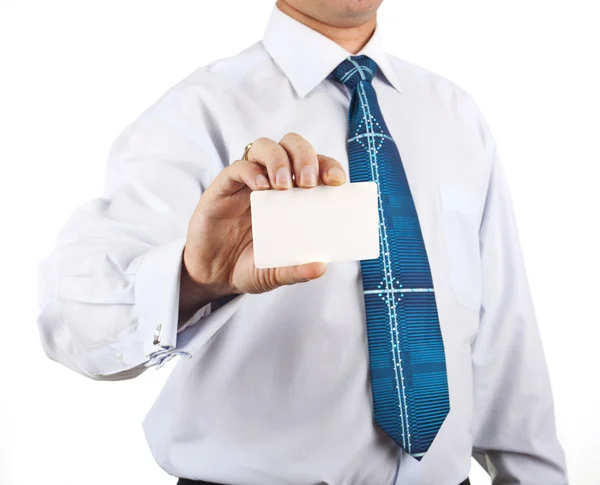 Obchodní muž Prázdná vizitka předání bílým pozadím — Stock fotografie
