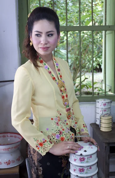 Retrato de hermosa mujer asiática sonriendo con tela tradicional — Foto de Stock