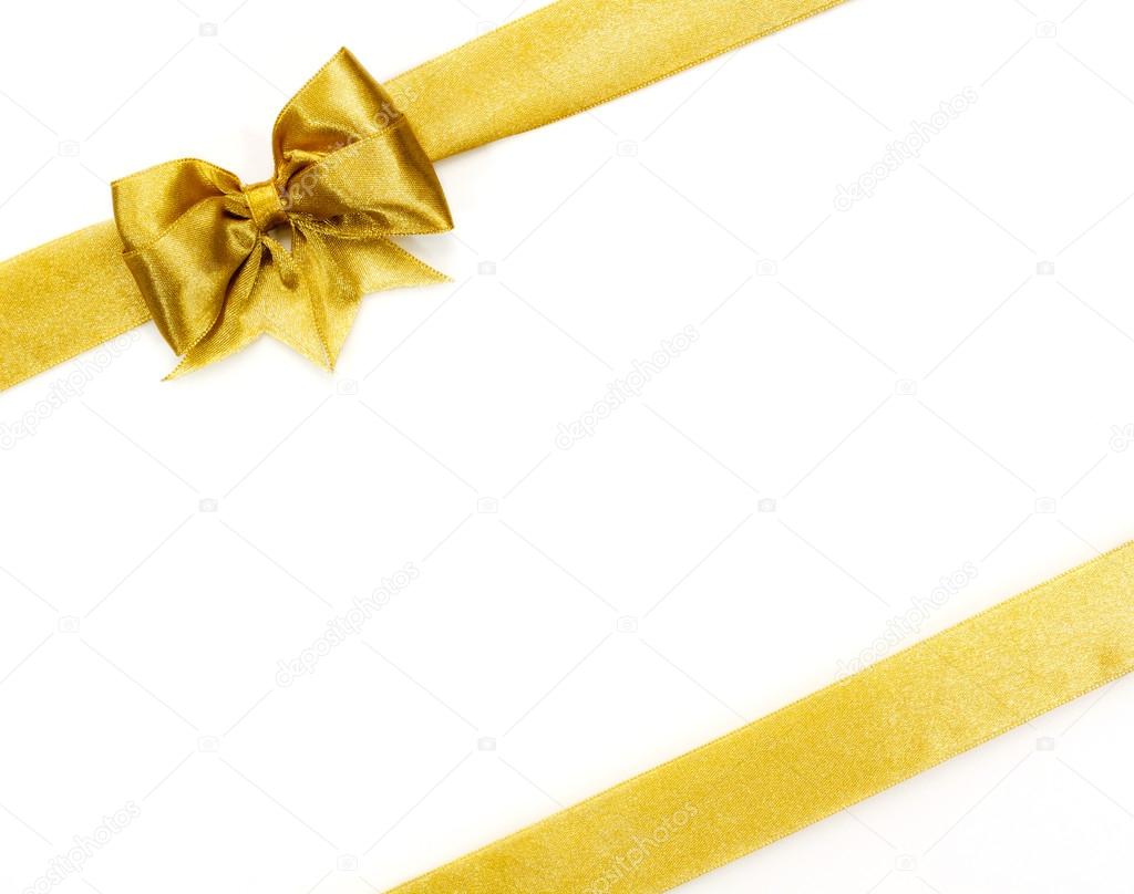 Golden satin gift bow. Ribbon on white