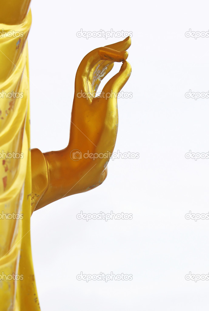 Hand gold Buddha on white background.
