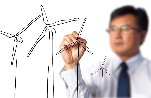Człowiek biznesu wyciągnąć turbiny mocy generator — Zdjęcie stockowe