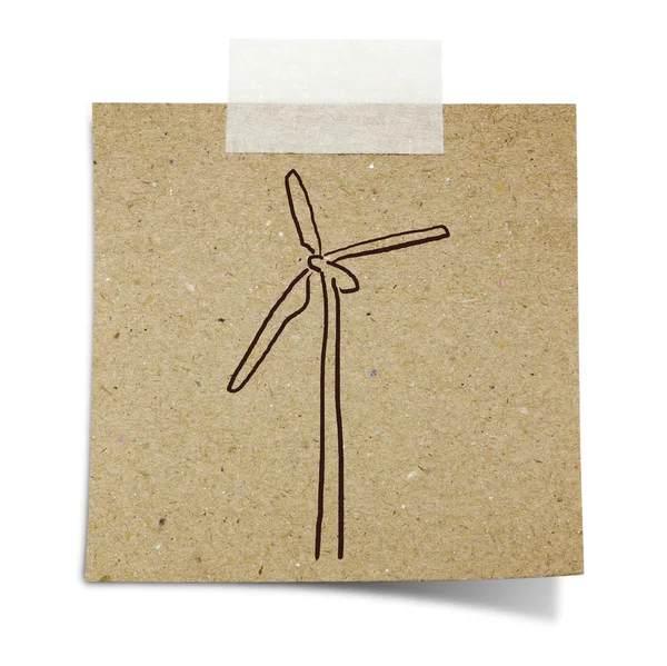 Hand draw wind turbine on note taped recycle paper — Stock Photo, Image