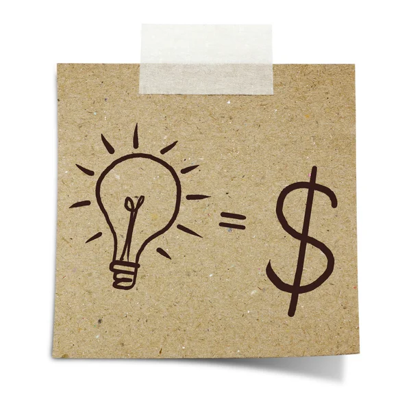 Hand zeichnen Glühbirne und Dollar-Symbol auf Banknote geklebt Recyclingpapier — Stockfoto