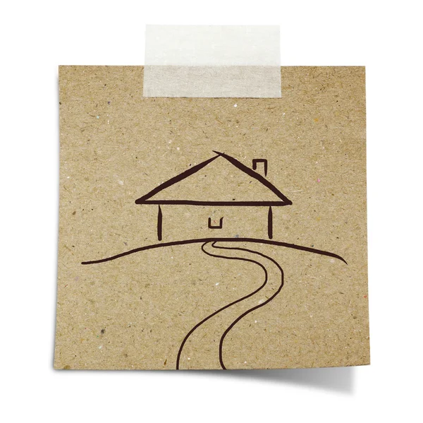 Mão desenhar casa em nota gravado reciclar papel — Fotografia de Stock