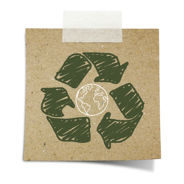 Dibujar a mano reciclar signo y tierra en nota papel reciclado pegado —  Fotos de Stock
