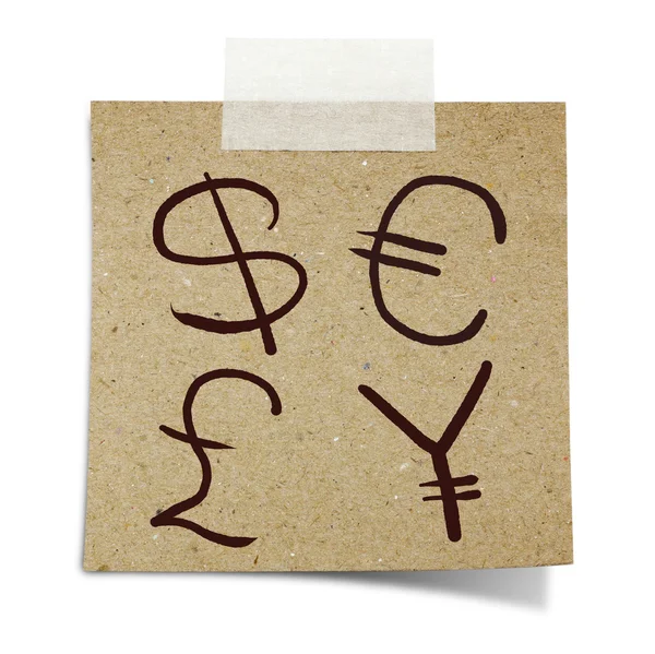 Mão desenhar símbolos de moeda na nota gravado reciclar papel — Fotografia de Stock