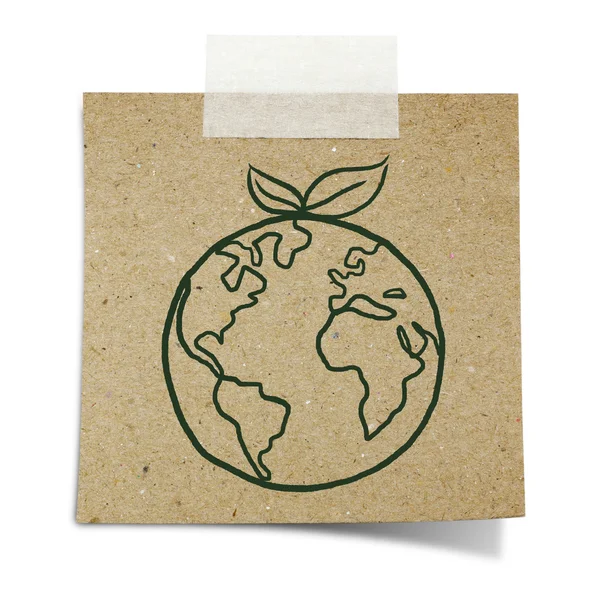 Hand draw green earth with leave on note taped recycle paper — Stock Photo, Image