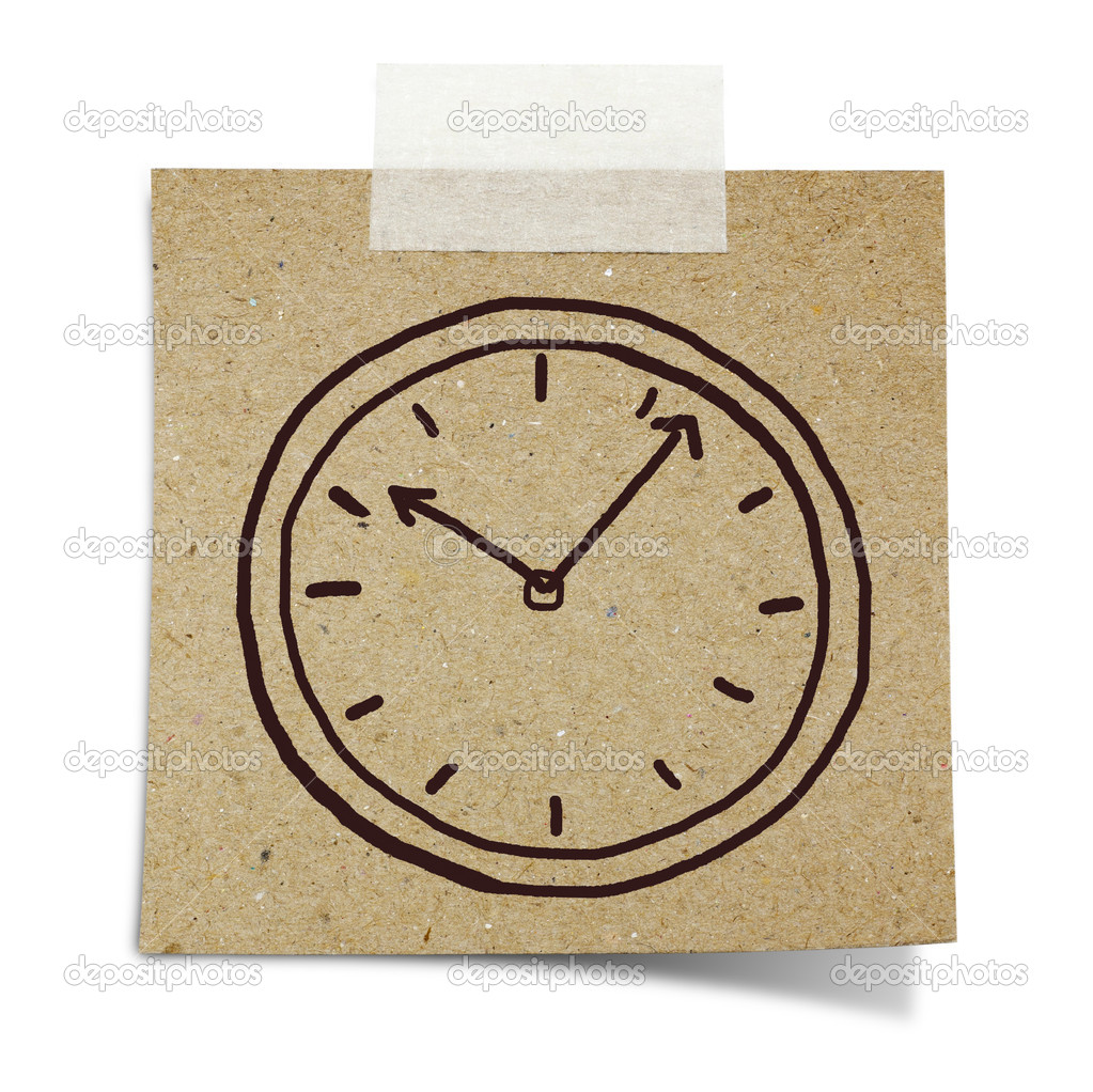 hand draw clock on note taped recycle paper