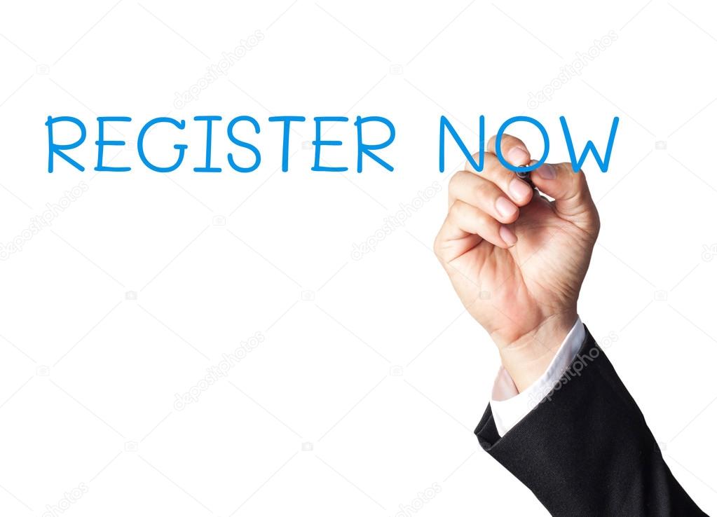 businessman hand writing register now on white board
