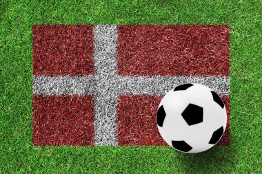Yeşil çimenlerin üzerinde paining olarak Danimarka bayrağı futbol topu