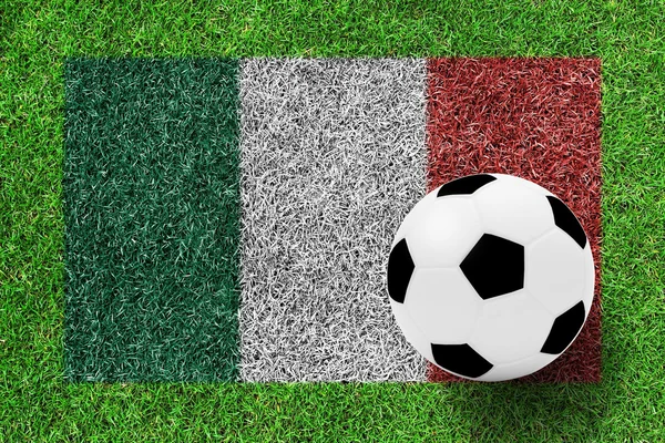 Soccer ball on flag of italy as painting on green grass backgrou — Stock Photo, Image