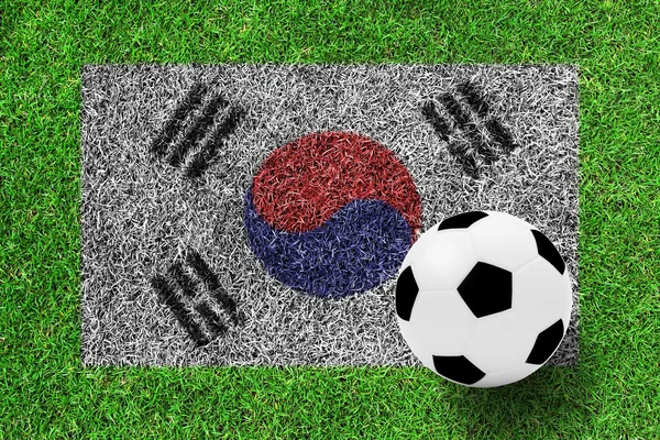 緑の草の絵として南朝鮮の旗上にサッカー ボール — ストック写真