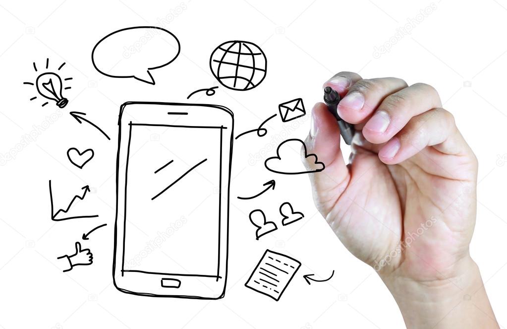 hand drawing mobile phone with social media concept