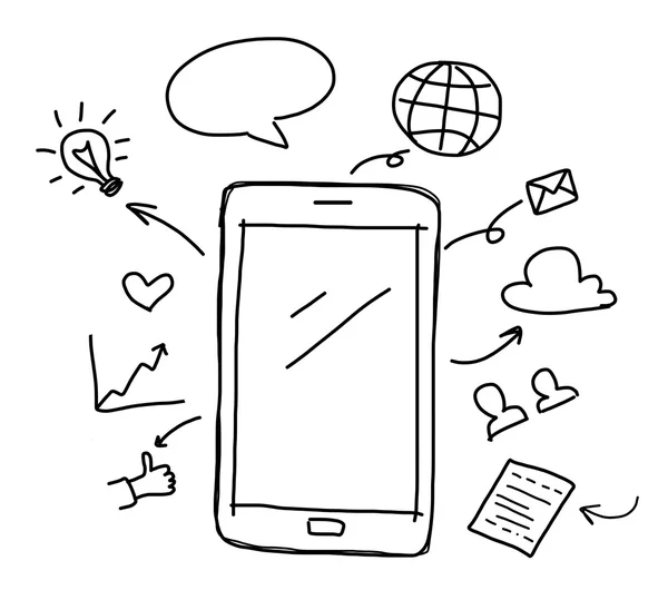 Hand tekening slimme telefoon met sociale media concept — Stockfoto